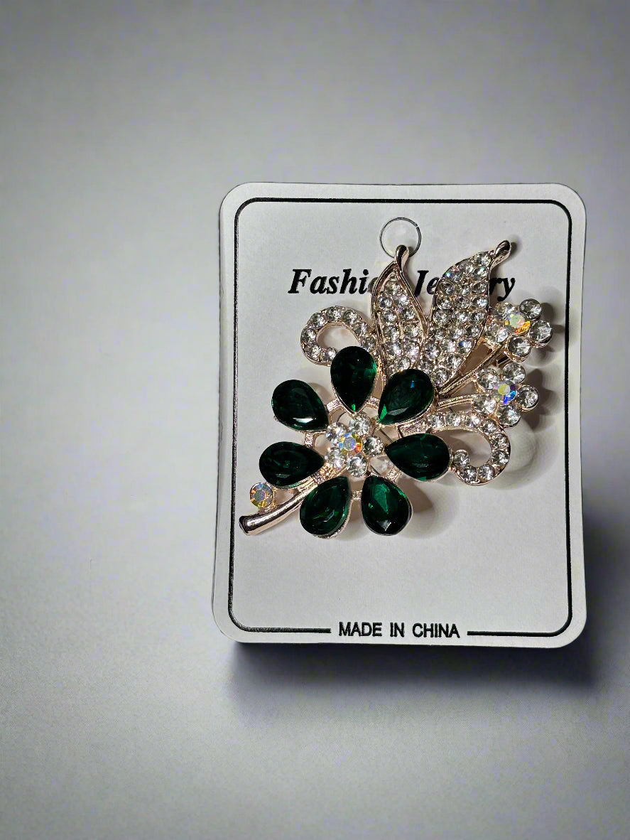 Brooch - Floral Designed with Green and Clear Crystals