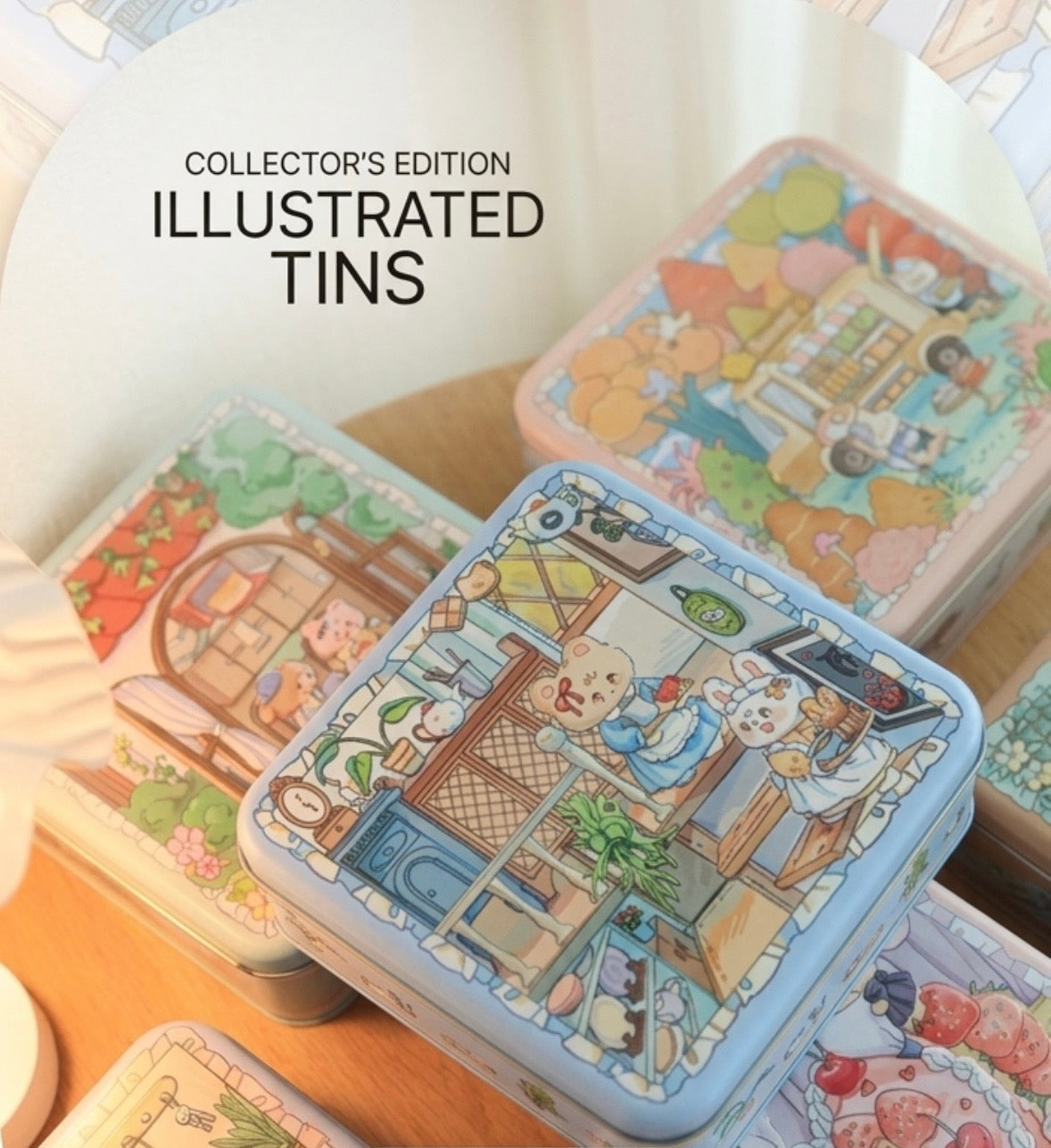 Whimsical Illustrations of Animals Square Storage Tins - 6.7" by 6.7" by 2.4"