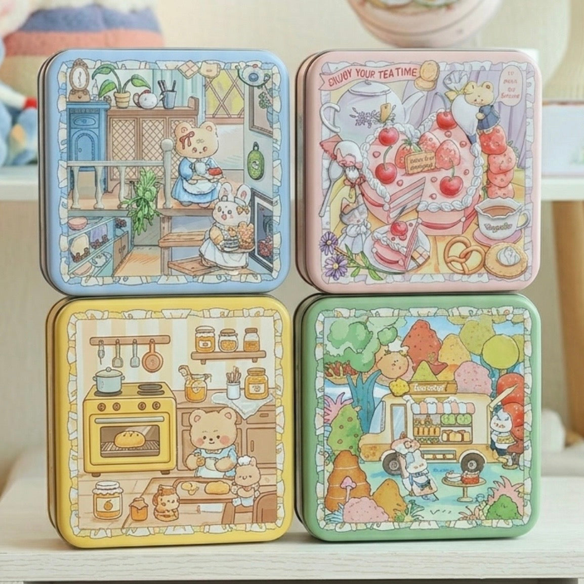 Whimsical Illustrations of Animals Square Storage Tins - 6.7" by 6.7" by 2.4"