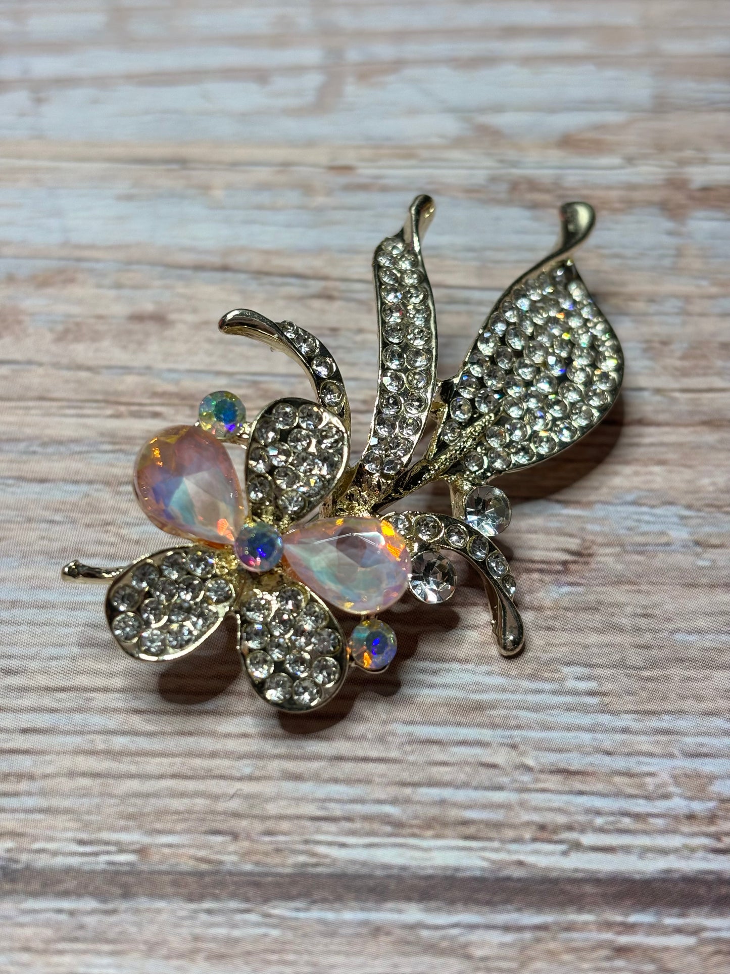 Brooch - Flower Shaped Adorned with Clear and Aurora Borealis Rhinestones