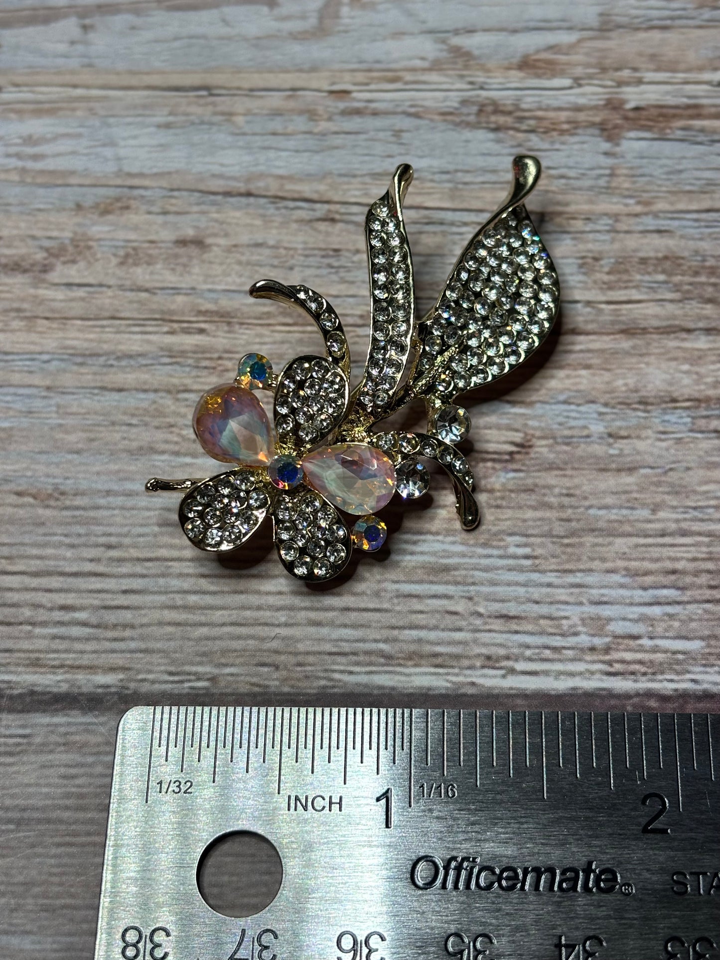 Brooch - Flower Shaped Adorned with Clear and Aurora Borealis Rhinestones