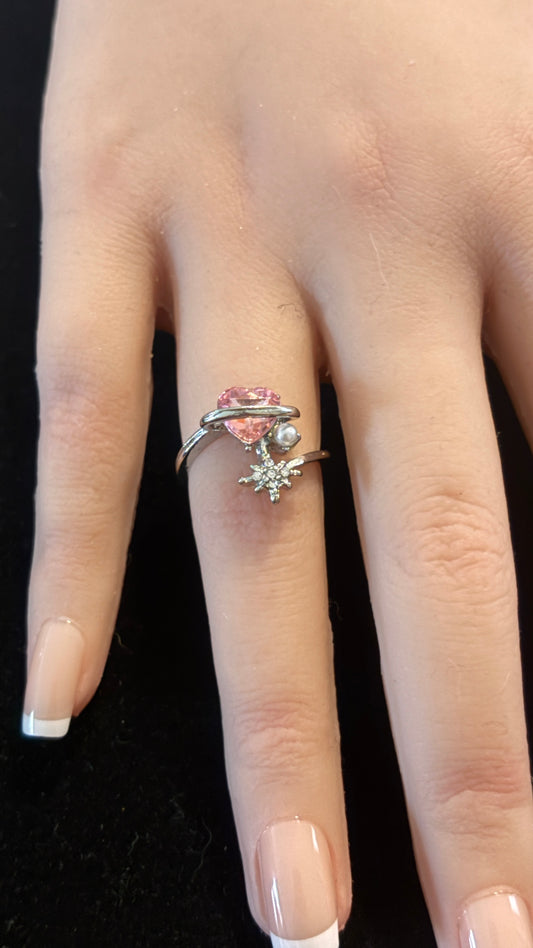 Ring - Pink Heart Crystal with Rhinestone Star and Faux Pearl - Size 6.5