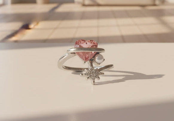 Ring - Pink Heart Crystal with Rhinestone Star and Faux Pearl - Size 6.5