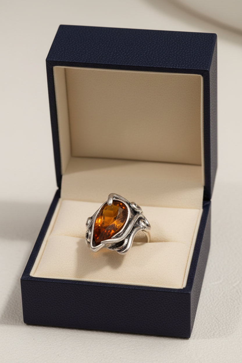 Ring - Silver Tone - Art Nouveau Inspired - Pear Shaped Amber Colored Stone - #1072