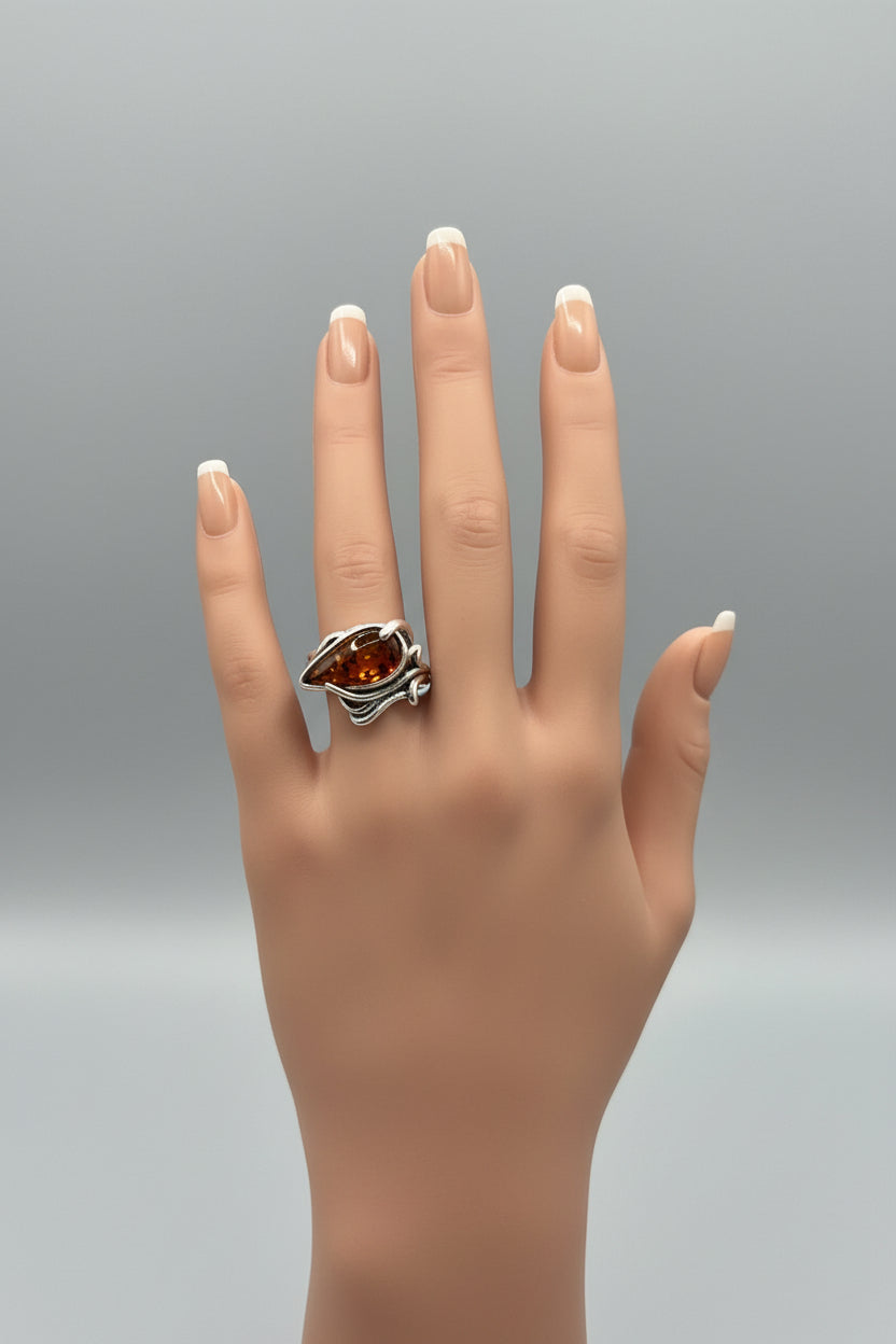Ring - Silver Tone - Art Nouveau Inspired - Pear Shaped Amber Colored Stone - #1072