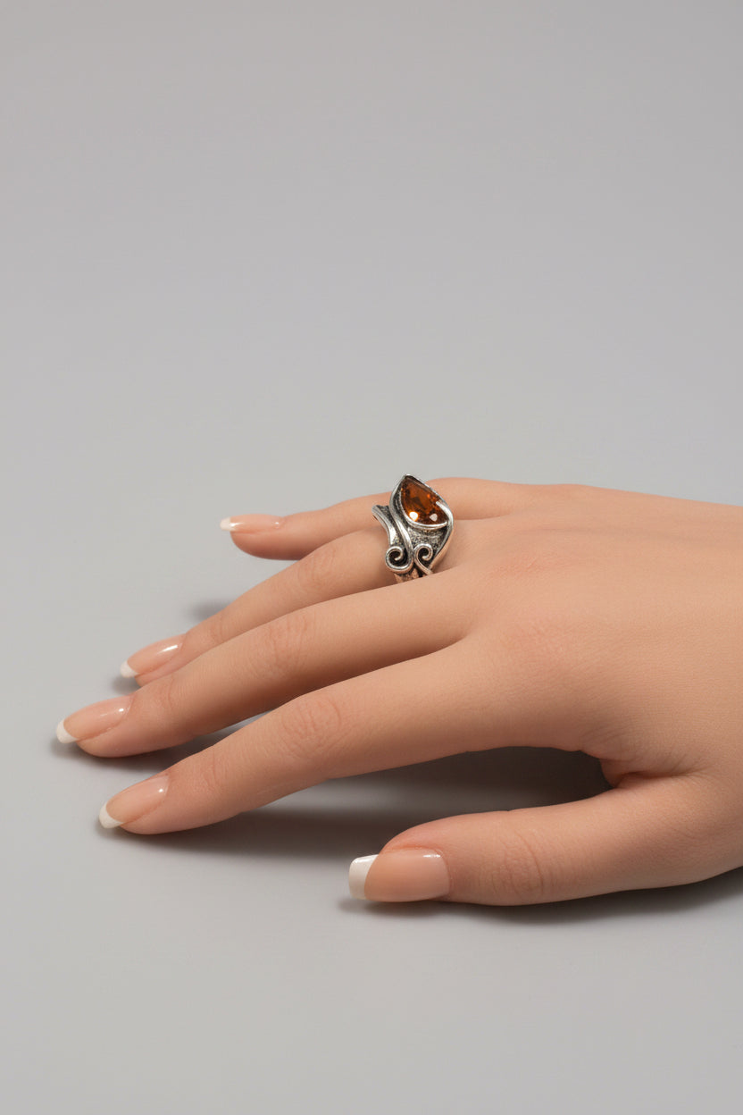 Ring - Silver Tone - Art Nouveau Inspired - Pear Shaped Amber Colored Stone - #1072