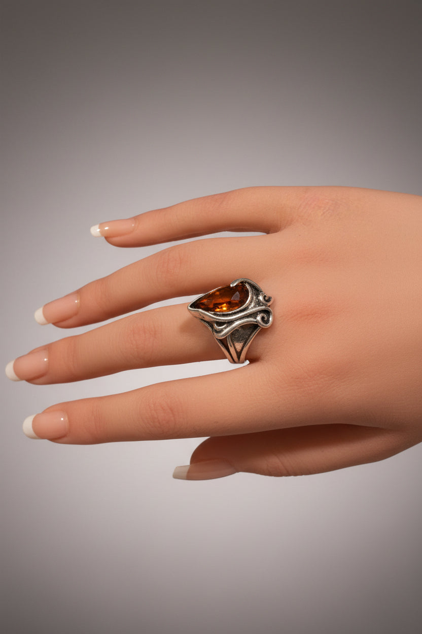Ring - Silver Tone - Art Nouveau Inspired - Pear Shaped Amber Colored Stone - #1072