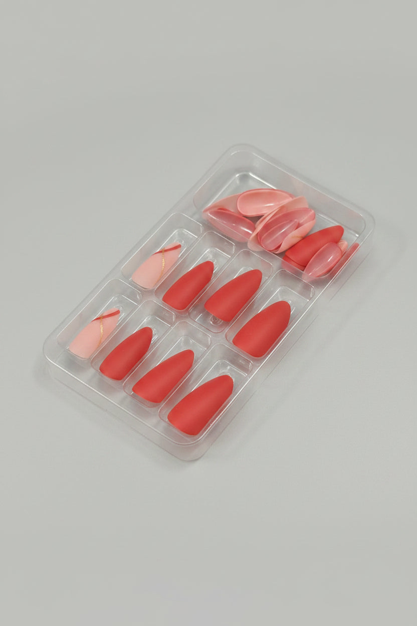 Press on Nails - Almond Red Gold Stripe