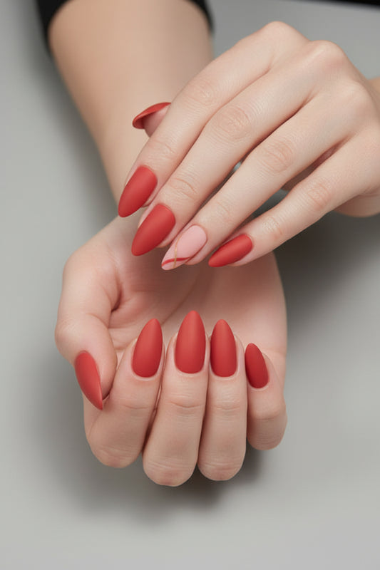 Press on Nails - Almond Red Gold Stripe