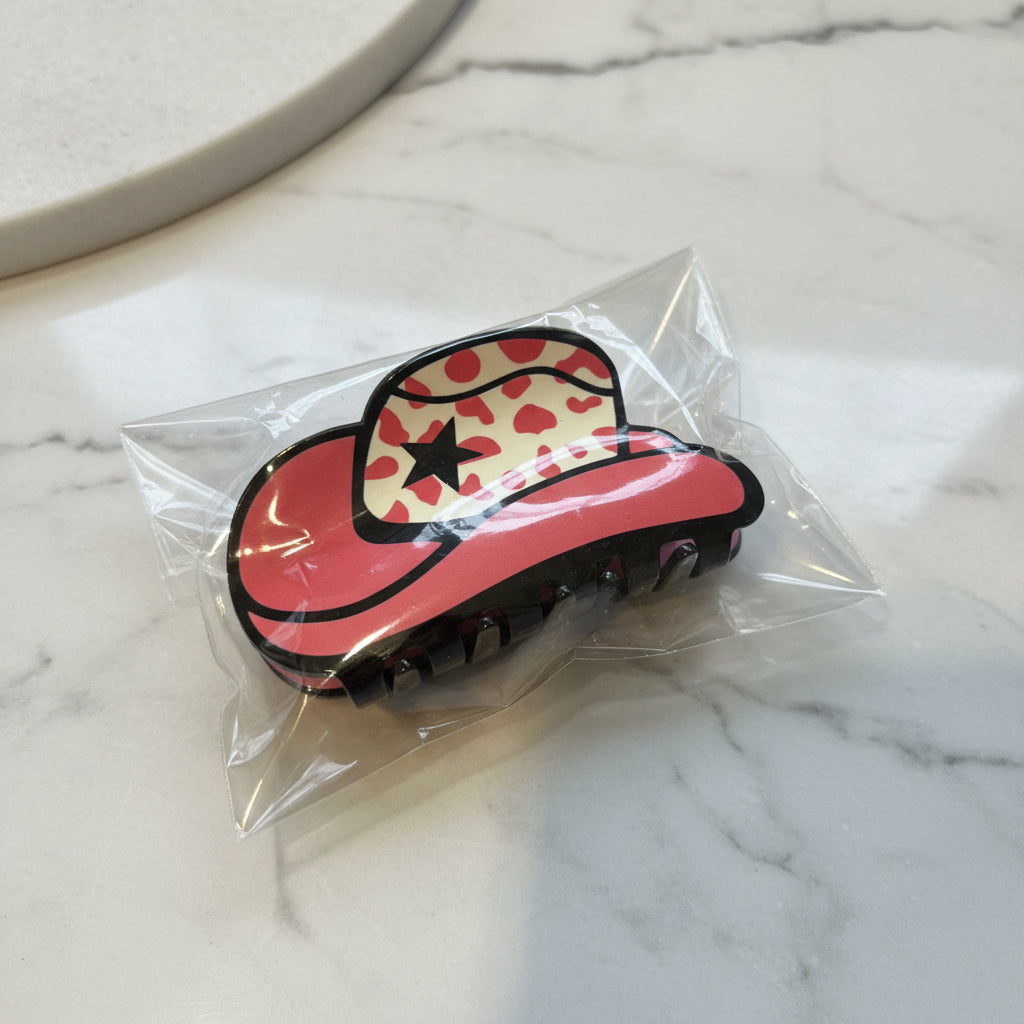 Hair Claws - A Pink Cowboy Hat - with a Playful Black Star & Cow Print Pattern