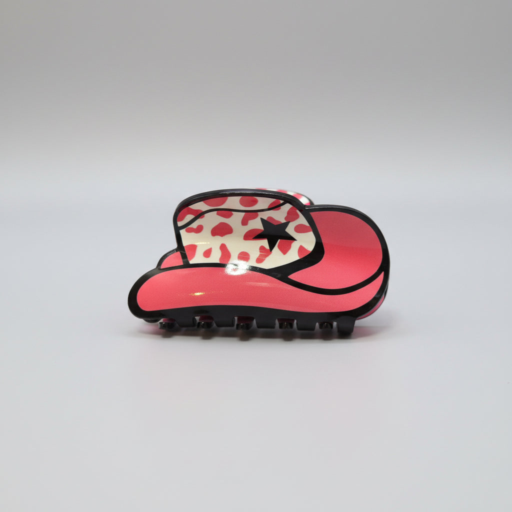 Hair Claws - A Pink Cowboy Hat - with a Playful Black Star & Cow Print Pattern