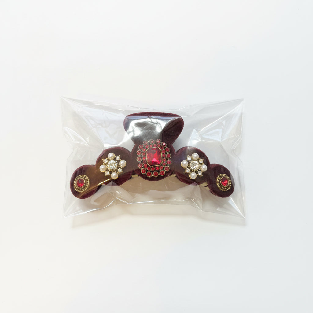 Hair Claws - Luxurious Burgundy Velvet - adorned with Faux Pearls & Gems