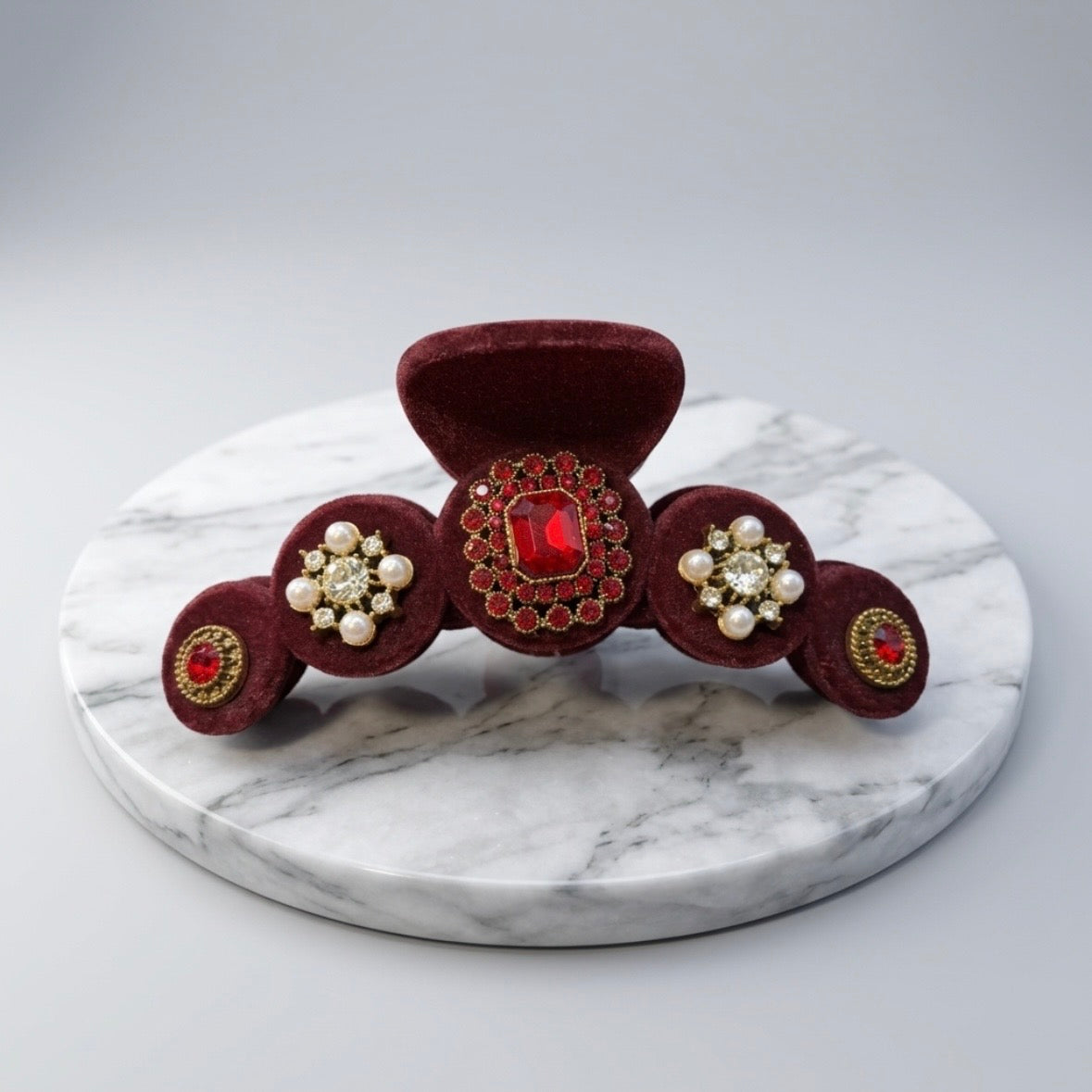 Hair Claws - Luxurious Burgundy Velvet - adorned with Faux Pearls & Gems