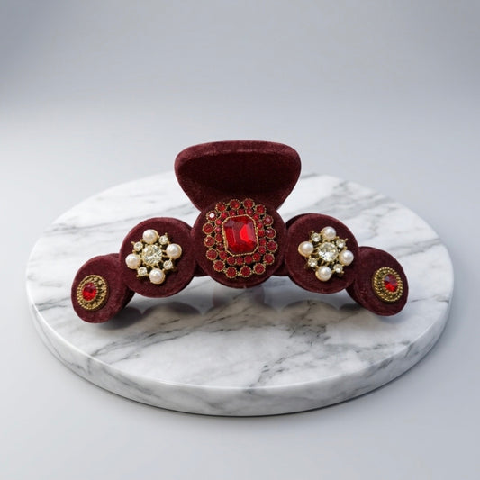 Hair Claws - Luxurious Burgundy Velvet - adorned with Faux Pearls & Gems