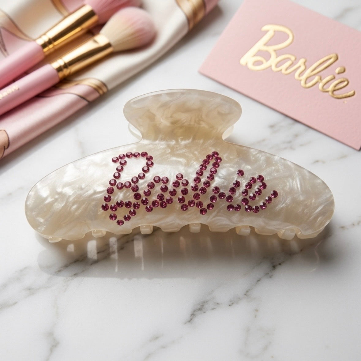 Hair Claws - White Pearlized - Pink Rhinestones - BARBIE