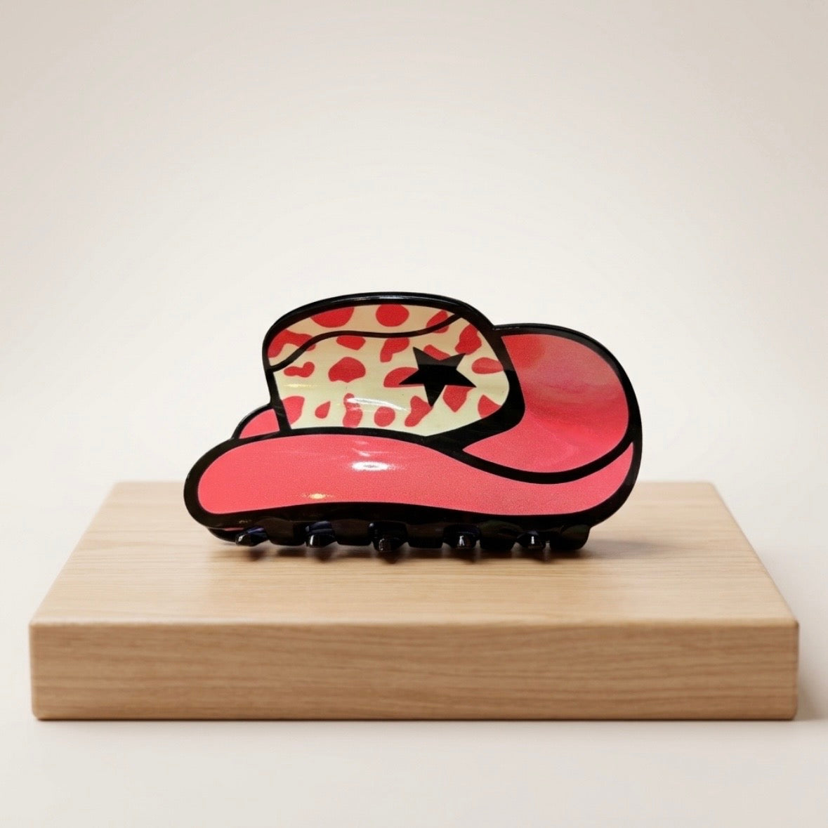 Hair Claws - A Pink Cowboy Hat - with a Playful Black Star & Cow Print Pattern
