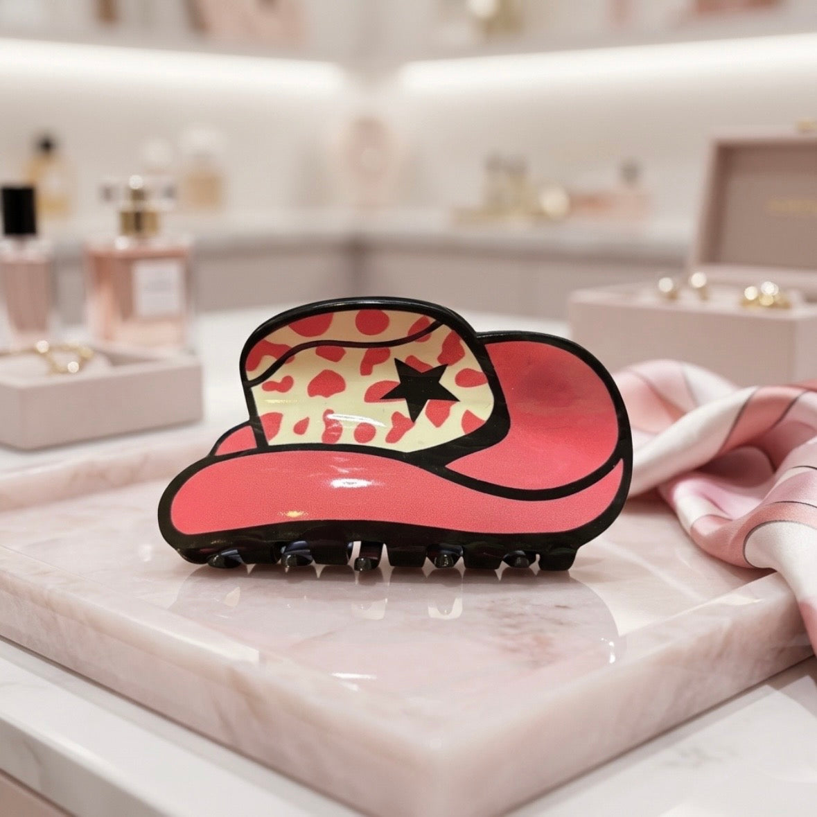 Hair Claws - A Pink Cowboy Hat - with a Playful Black Star & Cow Print Pattern