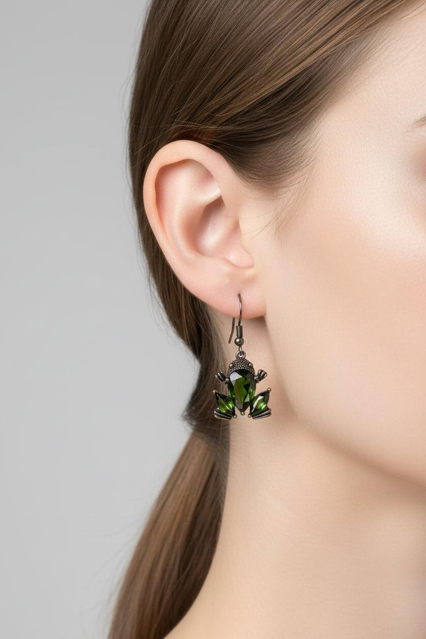 Earrings - Green Crystal Sterling Silver Frog Dangle