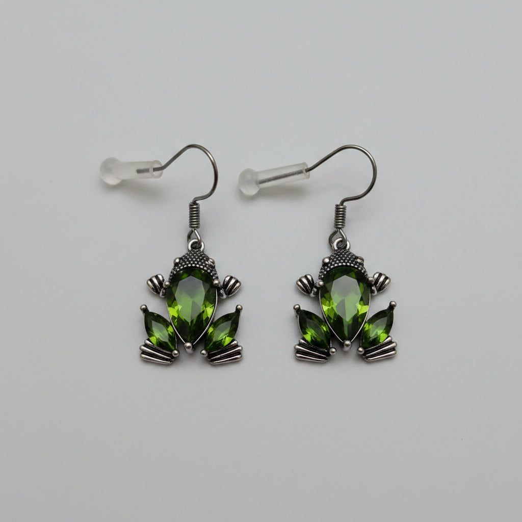Earrings - Green Crystal Sterling Silver Frog Dangle