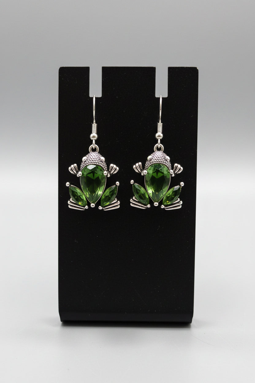 Earrings - Green Crystal Sterling Silver Frog Dangle