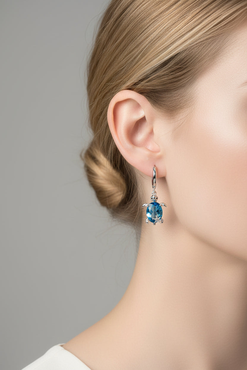 Earrings - Silver Tone Sea Turtle with Blue Crystal Body