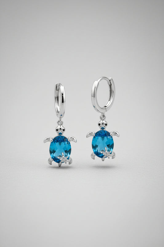 Earrings - Silver Tone Sea Turtle with Blue Crystal Body