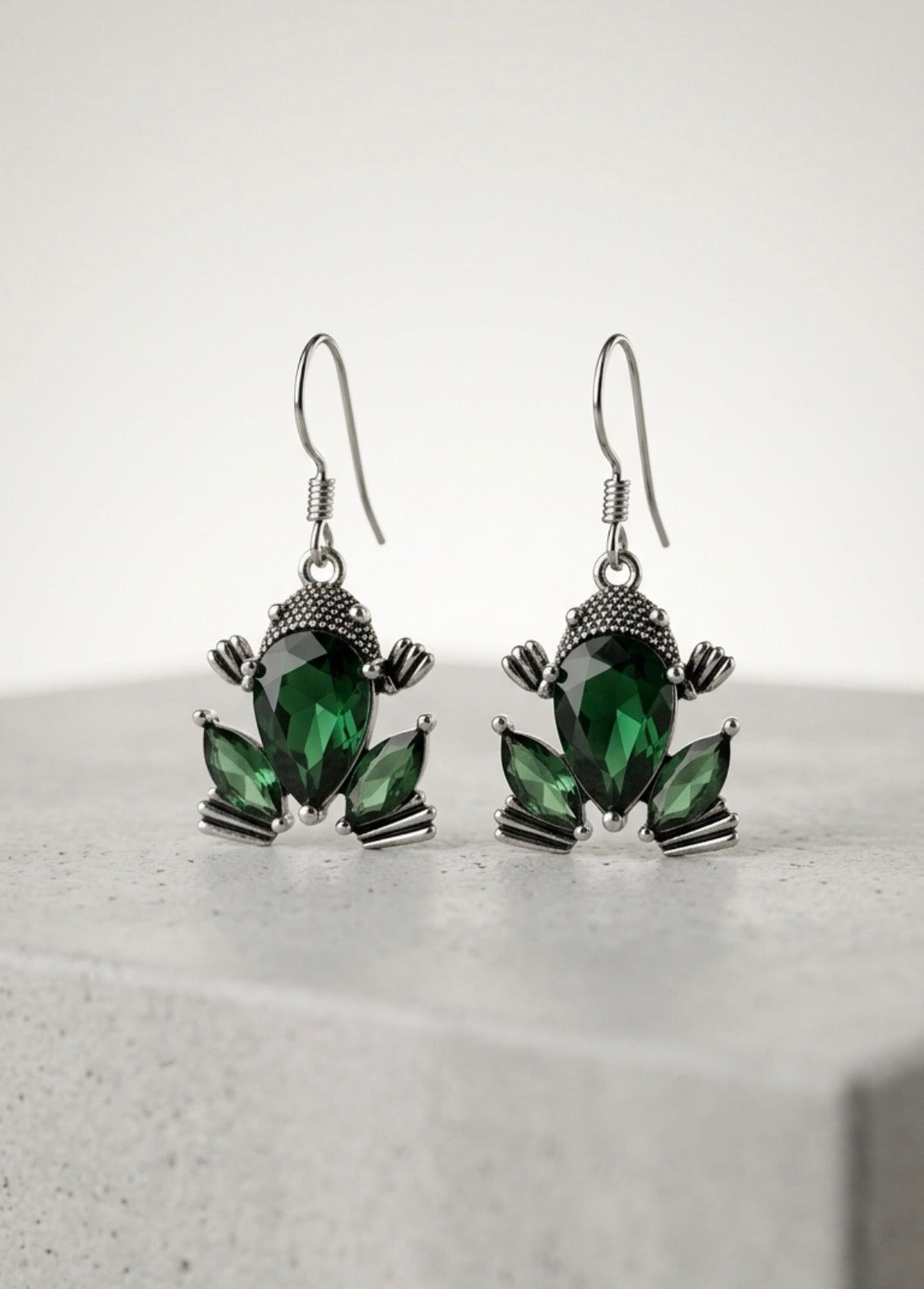 Earrings - Green Crystal Sterling Silver Frog Dangle
