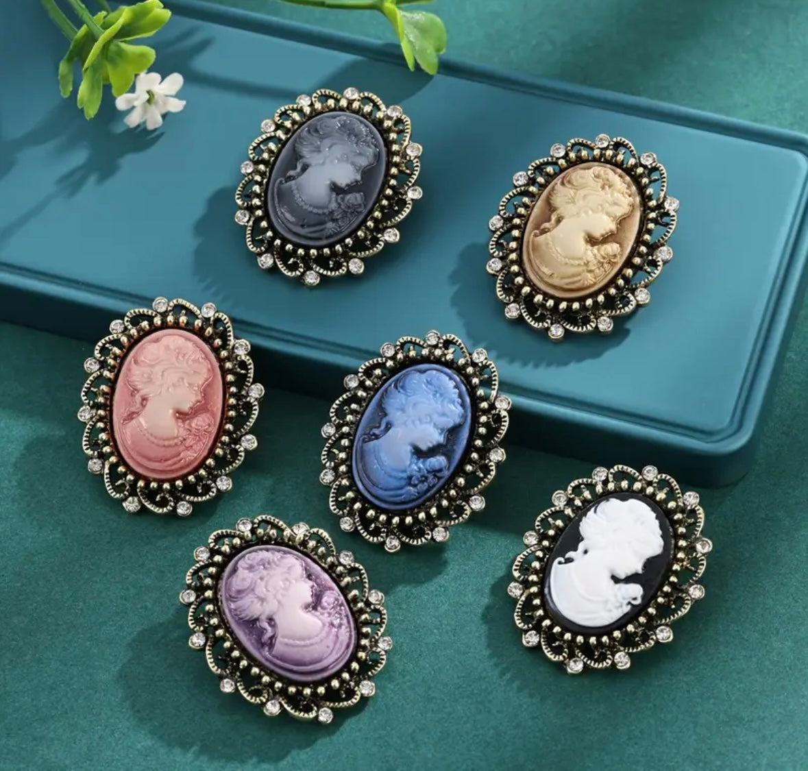 Brooch - Vintage Elegant Cameo with Rhinestone Accents