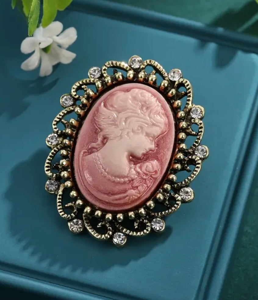 Brooch - Vintage Elegant Cameo with Rhinestone Accents