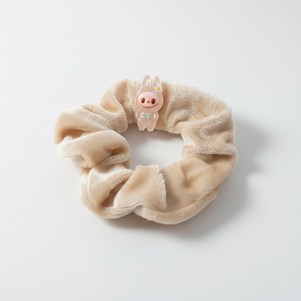 Hair Scrunchies - Set of 2 - Velvet Cream with Character & Sheer Orange Butterfly