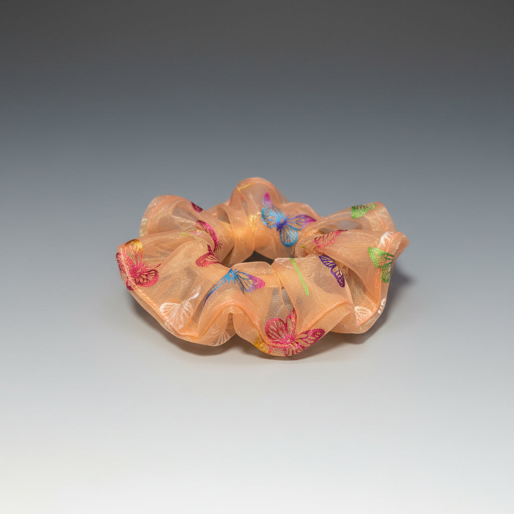 Hair Scrunchies - Set of 2 - Velvet Cream with Character & Sheer Orange Butterfly