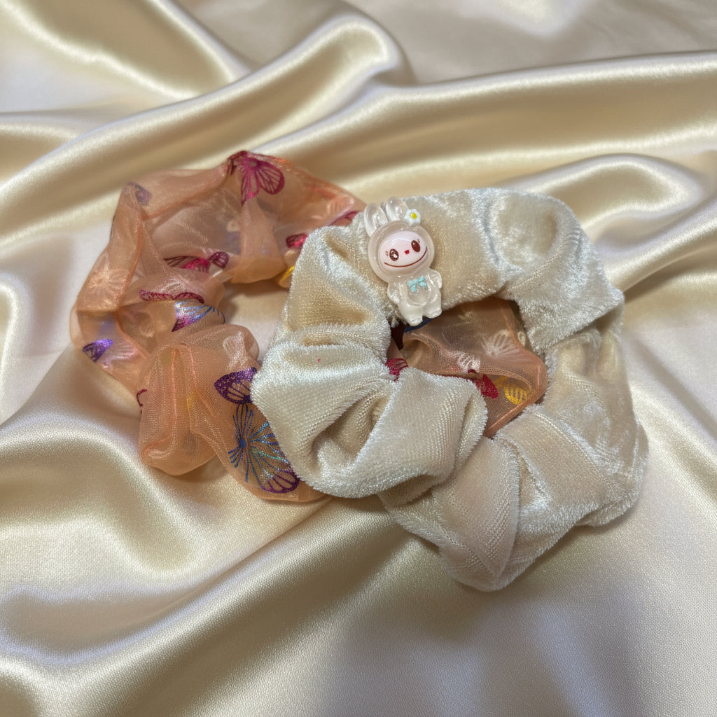 Hair Scrunchies - Set of 2 - Velvet Cream with Character & Sheer Orange Butterfly
