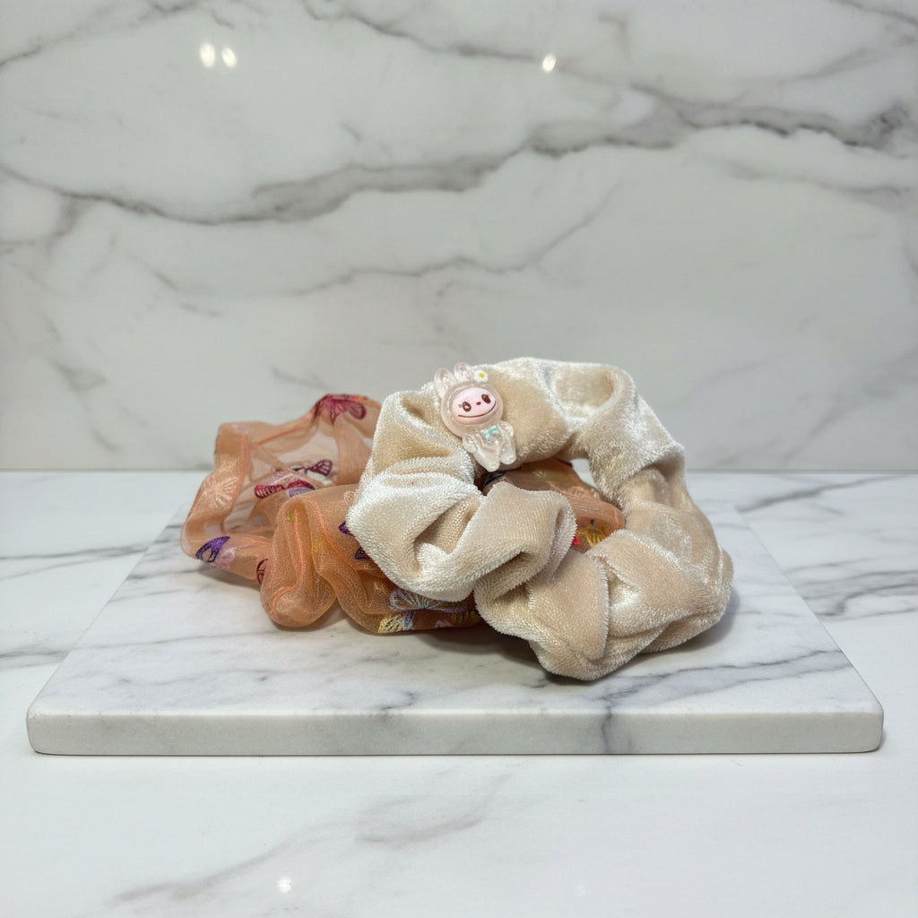 Hair Scrunchies - Set of 2 - Velvet Cream with Character & Sheer Orange Butterfly