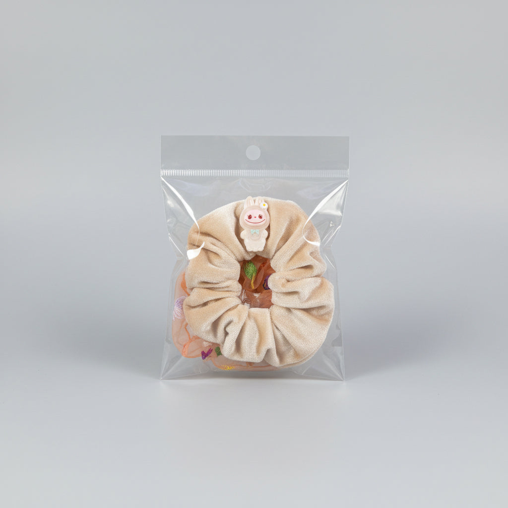 Hair Scrunchies - Set of 2 - Velvet Cream with Character & Sheer Orange Butterfly