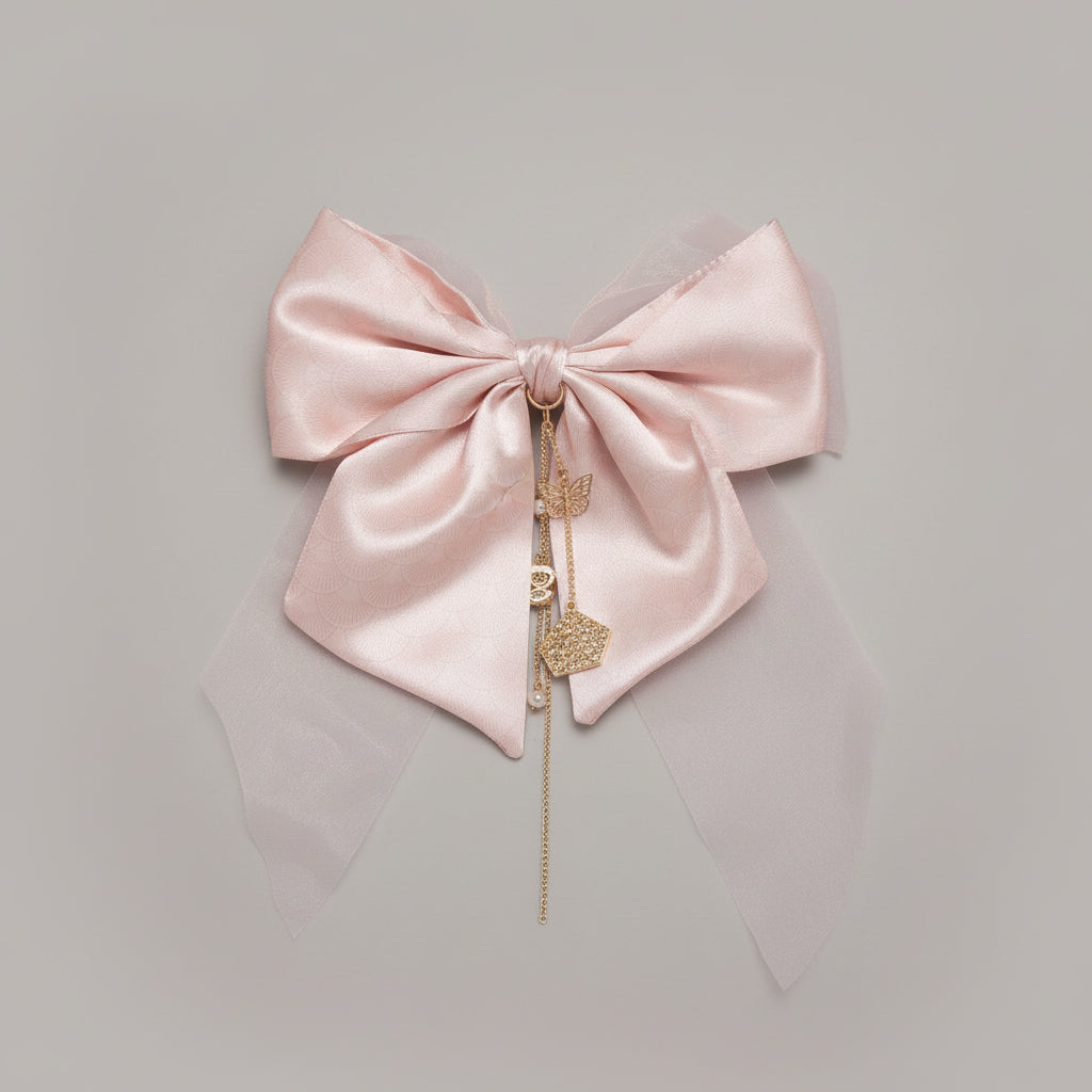 Hair Barrette - Gold Tone - Pale Pink - Satin and Organza - with Gold Chain Ornament Charms