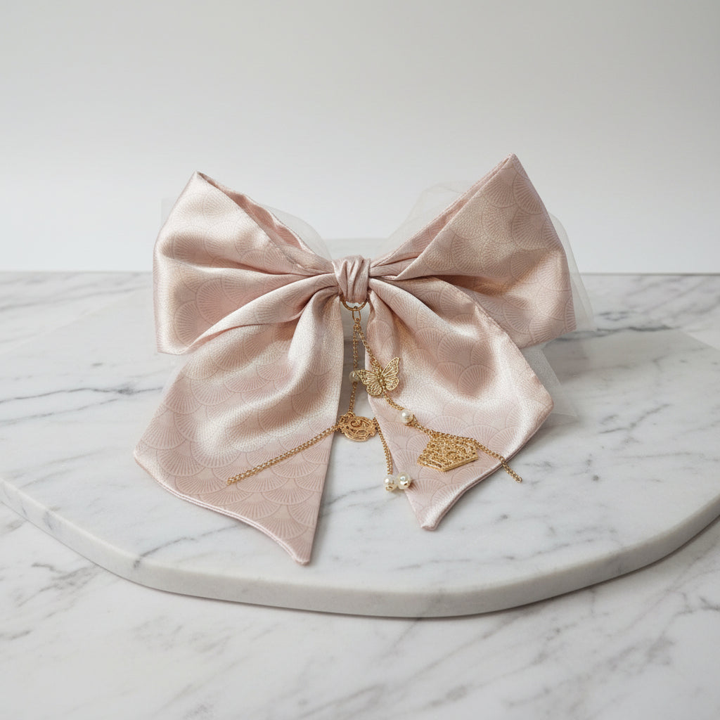 Hair Barrette - Gold Tone - Pale Pink - Satin and Organza - with Gold Chain Ornament Charms
