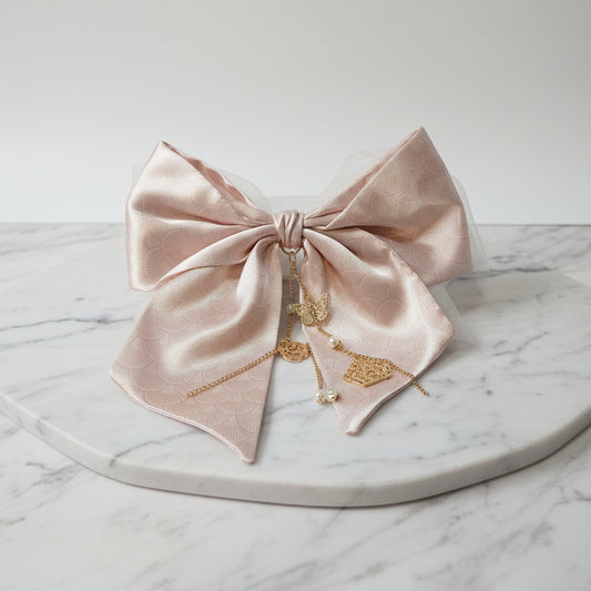 Hair Barrette - Gold Tone - Pale Pink - Satin and Organza - with Gold Chain Ornament Charms