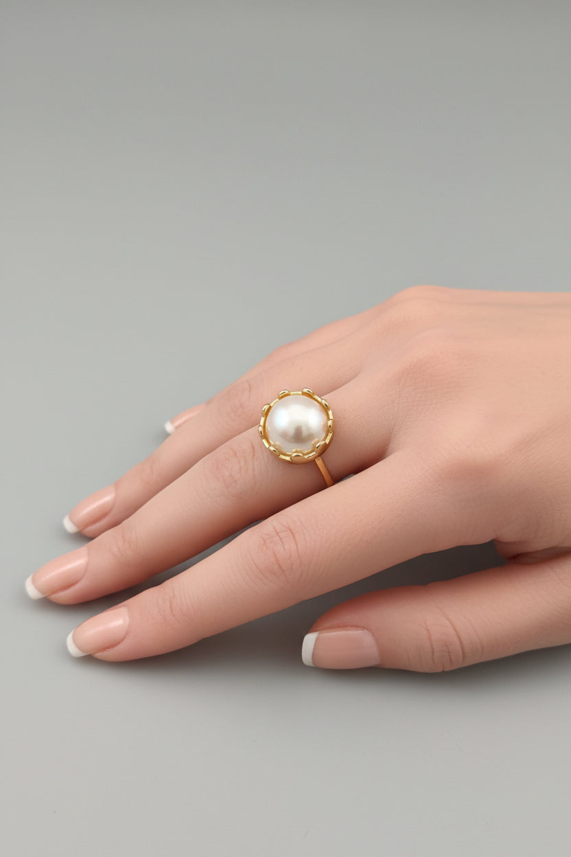 Ring - Gold Plated Faux Pearl Crown Inspired - Size 6