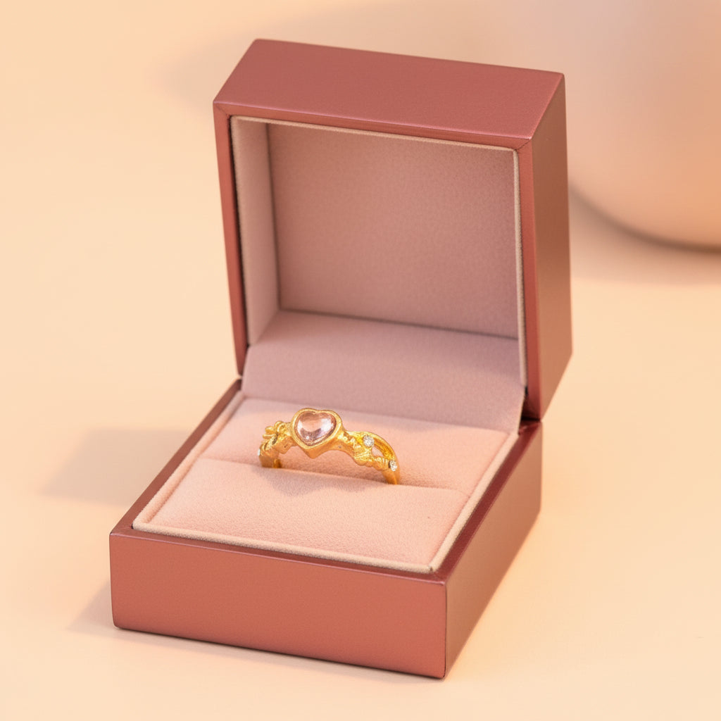 Ring - Open Ended Band - a Central Pink Heart Shaped Stone - Textured Molten Gold Plated Finish