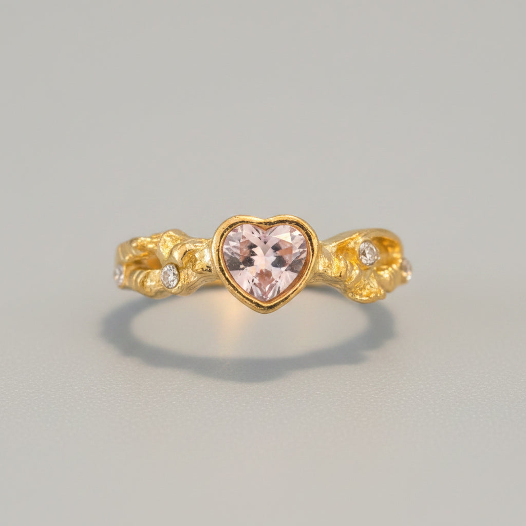 Ring - Open Ended Band - a Central Pink Heart Shaped Stone - Textured Molten Gold Plated Finish