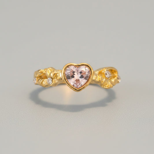 Ring - Open Ended Band - a Central Pink Heart Shaped Stone - Textured Molten Gold Plated Finish