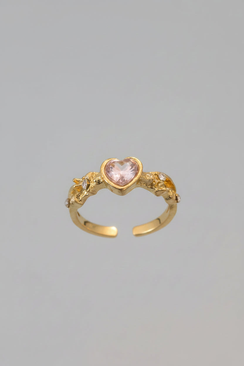 Ring - Open Ended Band - a Central Pink Heart Shaped Stone - Textured Molten Gold Plated Finish