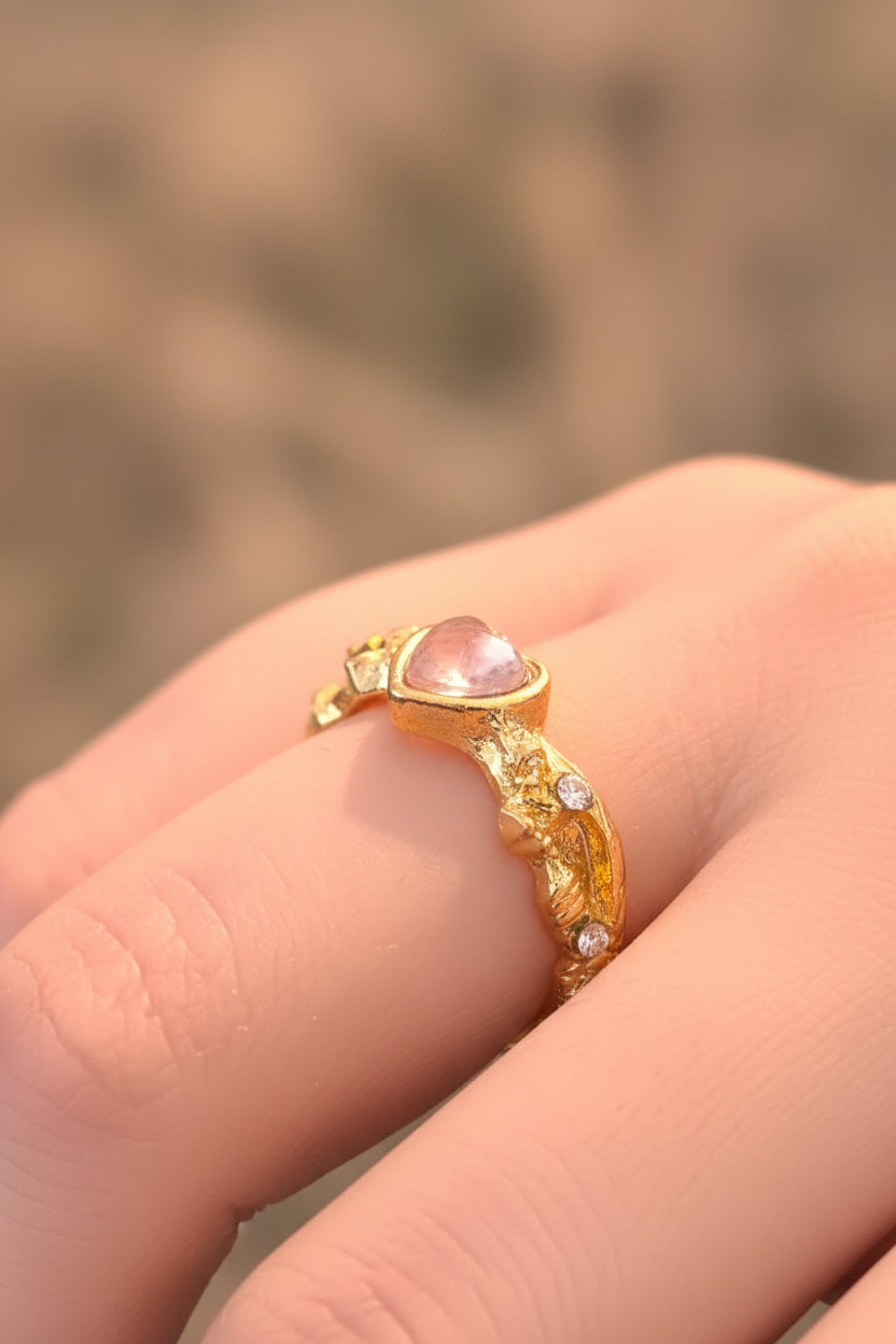 Ring - Open Ended Band - a Central Pink Heart Shaped Stone - Textured Molten Gold Plated Finish
