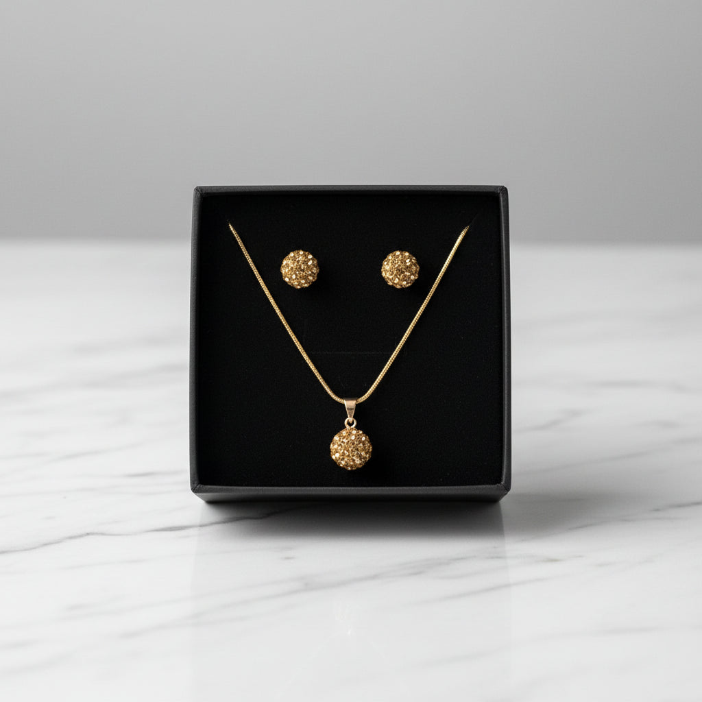Necklace Set - Gold Tone - Sparkling Pendant and Studded Earring Set - Pavé Crystal Disco Ball