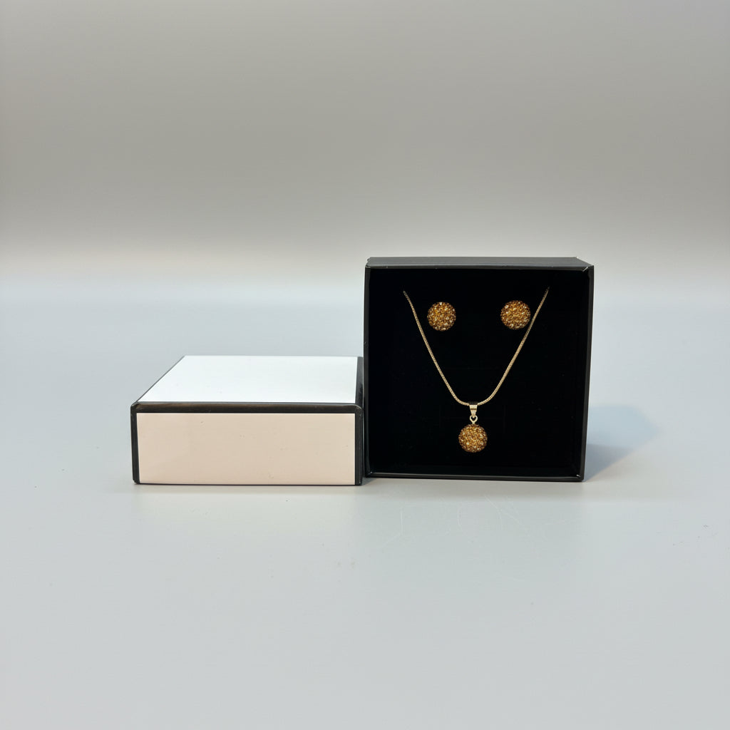 Necklace Set - Gold Tone - Sparkling Pendant and Studded Earring Set - Pavé Crystal Disco Ball
