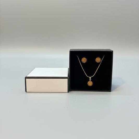 Necklace Set - Gold Tone - Sparkling Pendant and Studded Earring Set - Pavé Crystal Disco Ball