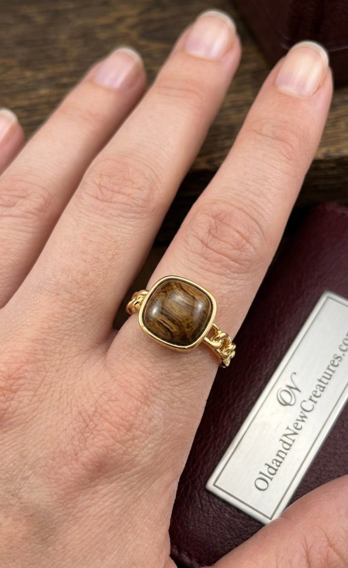 Ring - Gold Tone - Natural Stone Tiger Eye Stone Square Geometric Fat Square - Open Ended - Size - 7.5 - #1075