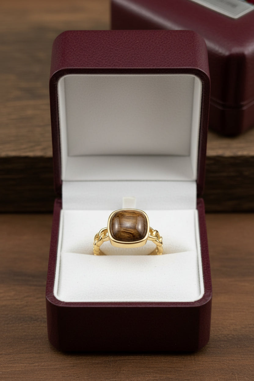 Ring - Gold Tone - Natural Stone Tiger Eye Stone Square Geometric Fat Square - Open Ended - Size - 7.5 - #1075