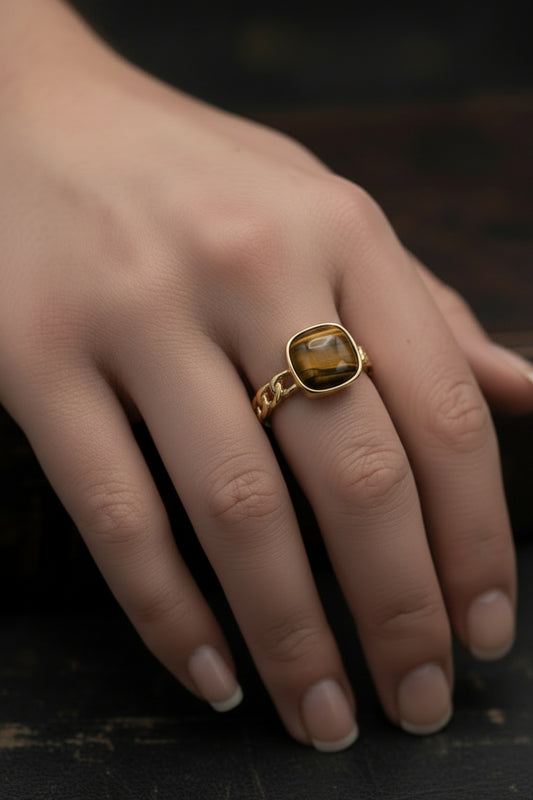 Ring - Gold Tone - Natural Stone Tiger Eye Stone Square Geometric Fat Square - Open Ended - Size - 7.5 - #1075