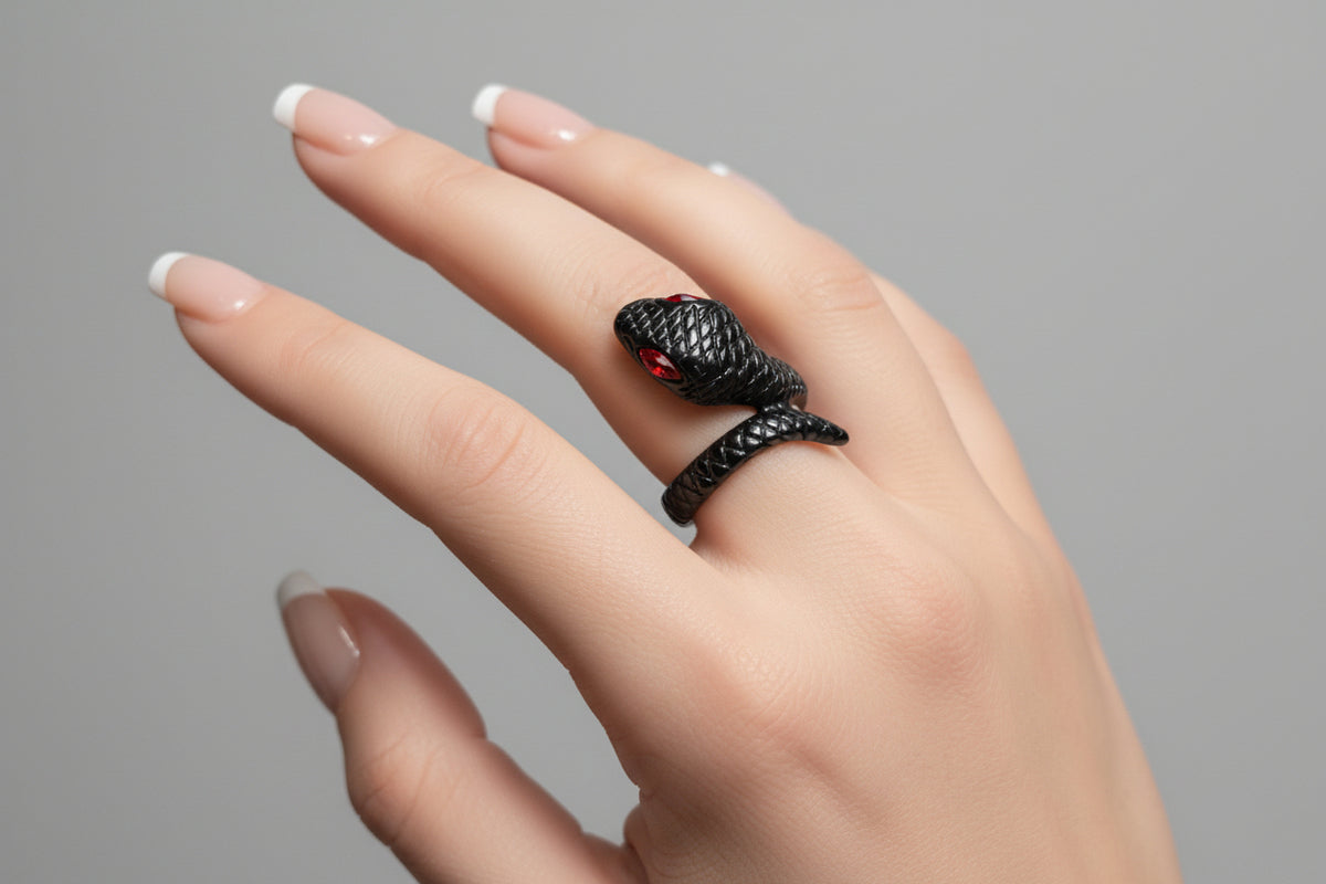 Ring - Black Textured - Serpent Snake - Wrap - Red Crystal Eyes - Size 10